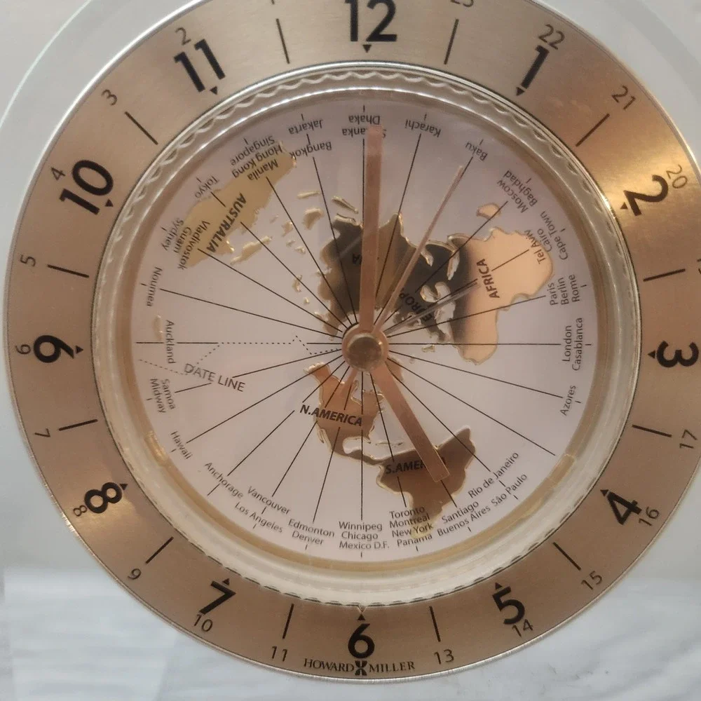 Howard Miller World Time Desk Clock Gold Map Texas Instruments‎ Award Mahogany